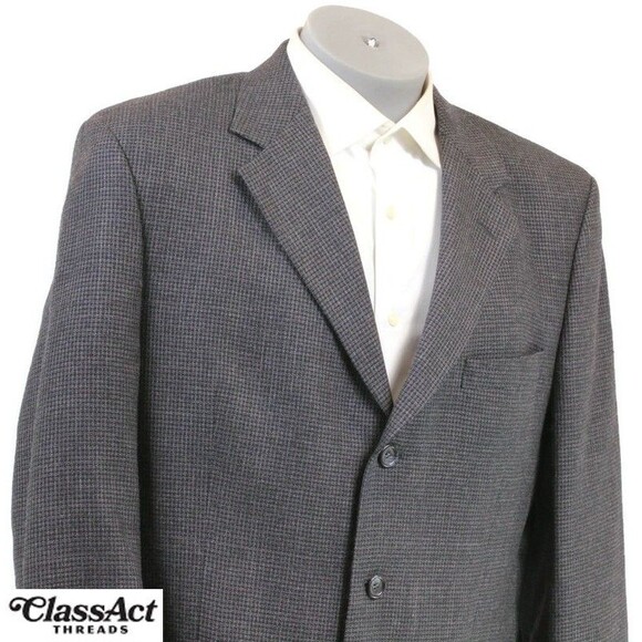Jos A Bank Gray Houndstooth Wool Blazer Suit Jacket Sport Coat 3 Btn 44R - Picture 2 of 7